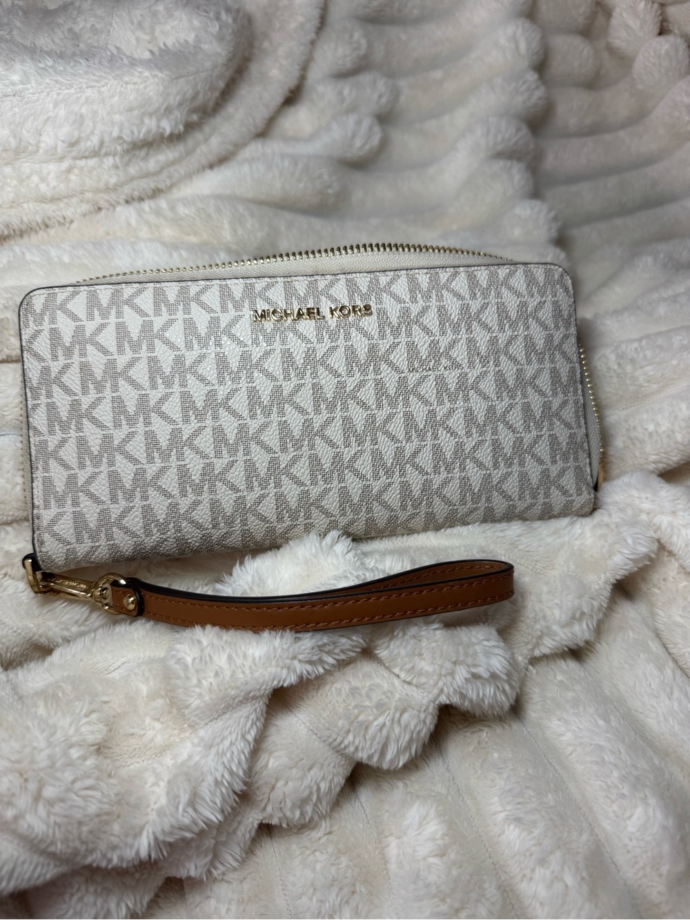 Michael Kors Beige Signature Logo Wristlet with Tan Strap